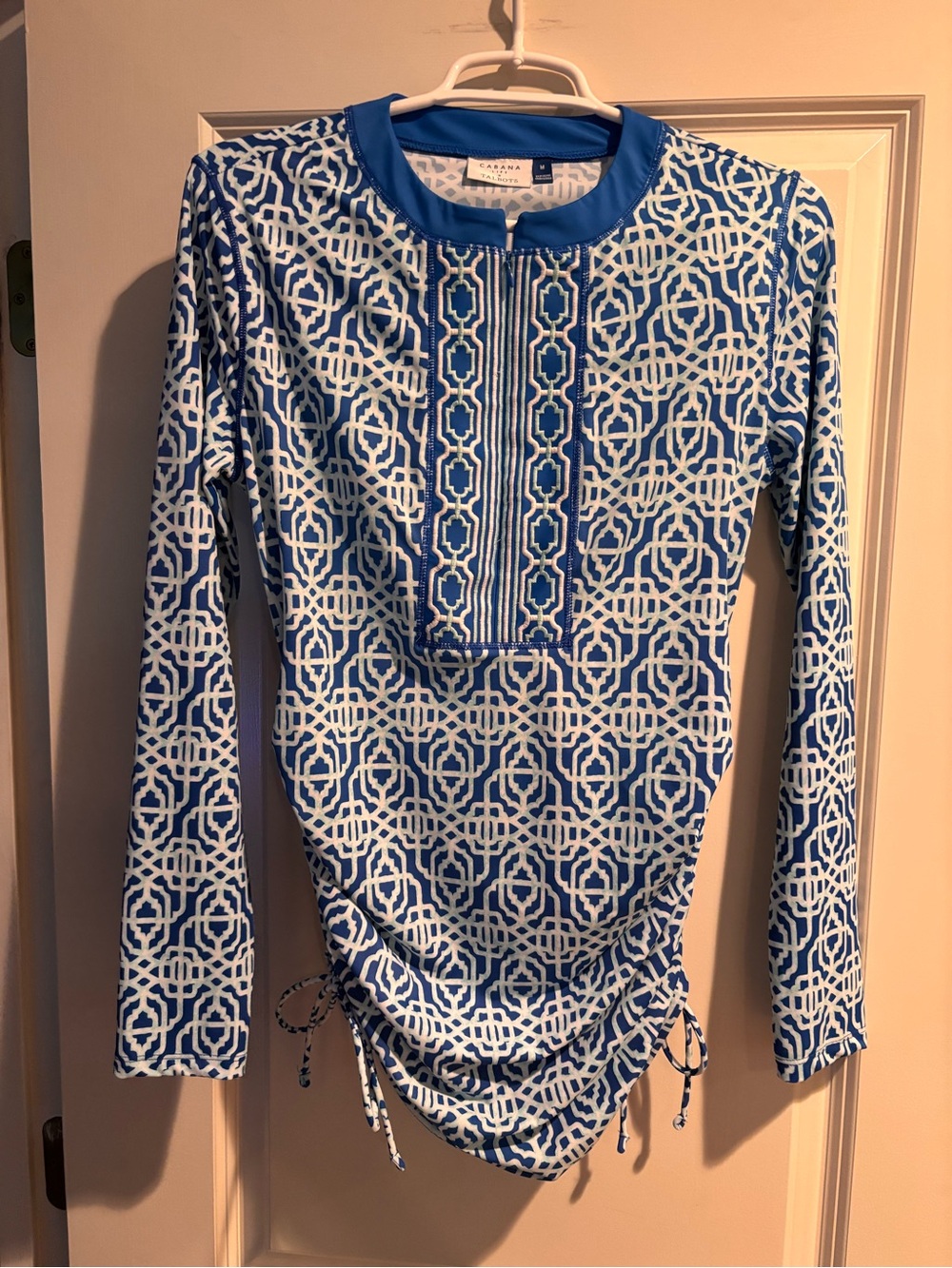 Talbots Cabana Blue White Ruched Swim Tunic Rash Guard Cover Up M